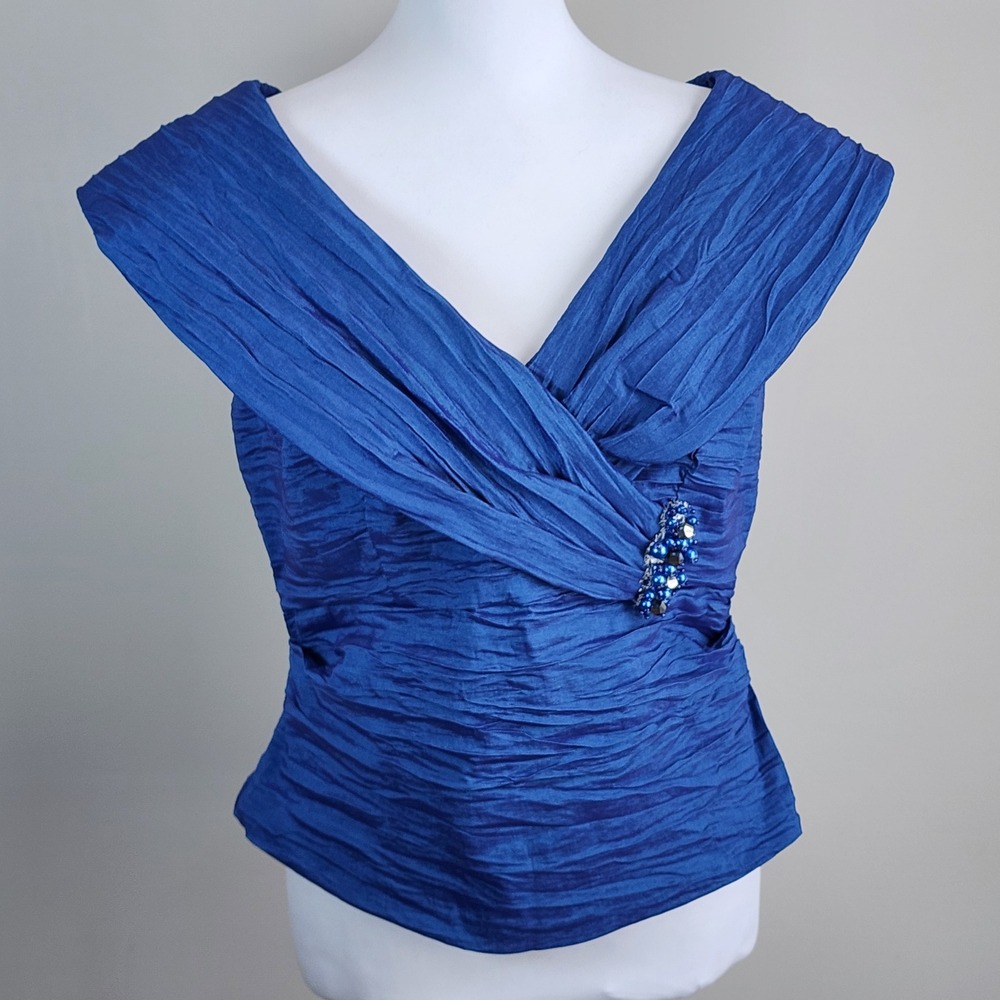 NEW Alex Blouse Womens 12 Blue Ruched Top Beaded Formal‎ Grad Wedding Party Gown